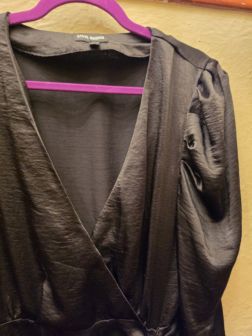 Steve Madden Black Satin Faux Wrap Ruched Mini Dress Ruffle Hem L - Picture 9 of 14